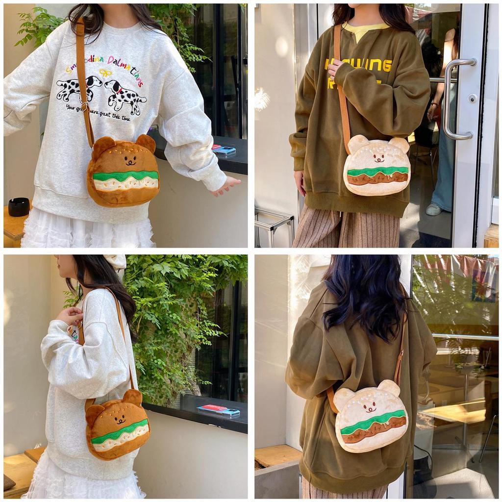 Soft Velvet Hamburger Bear Crossbody Bag With Embroidery For Daily Use