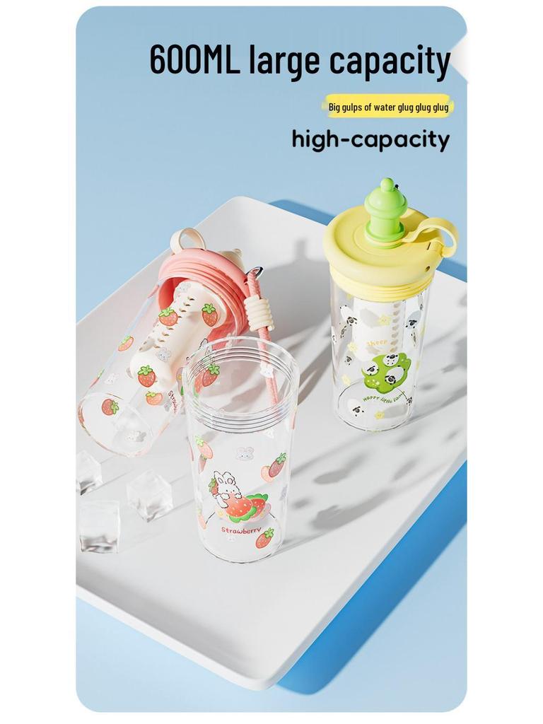 Portable Cute Tritan Water Cup with Tea Filter & Straw – Cartoon Design, Perfect for Students