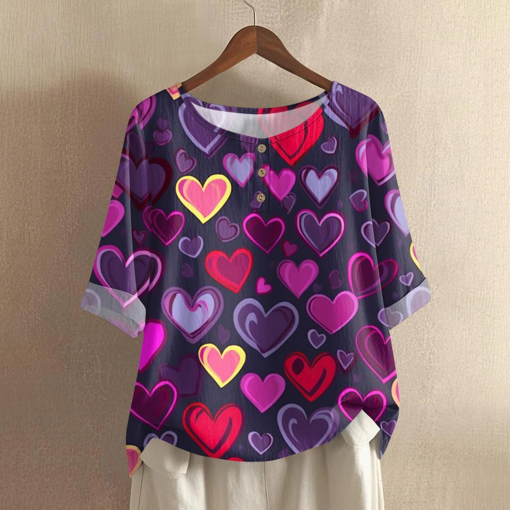 Damska koszulka z nadrukiem na Walentynki, casualowa, z krótkim rękawem, okrągłym dekoltem, z bawełny i lnu