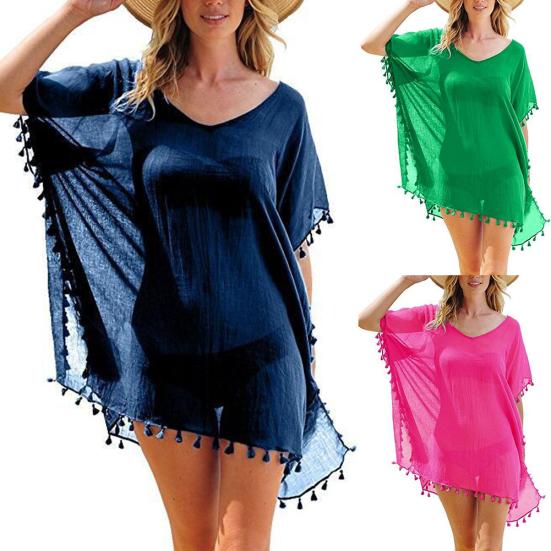 Summer Fashion Solid Color Tassel Chiffon Women Swimwear Bikini Cover Up Dress