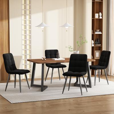 Dining Set (5-pcs), Dining Table with 4 Chairs, Wood Grain Kitchen Table with Black Metal Legs, MDF Tabletop In Walnut Color, Black Velvet Chairs