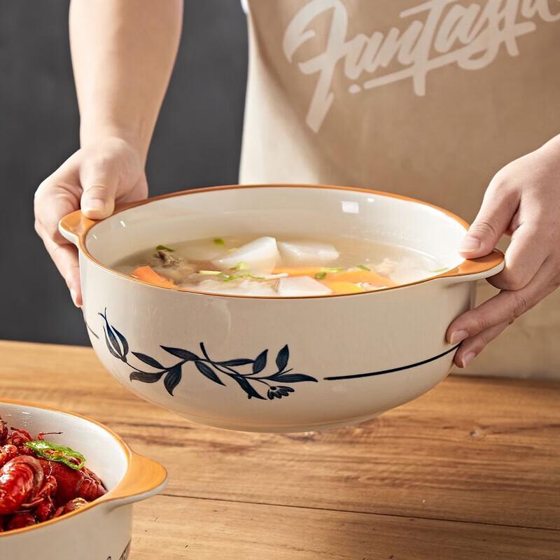 Hecuanwu Japanese Underglaze Ceramic Double-Ear Soup Bowl