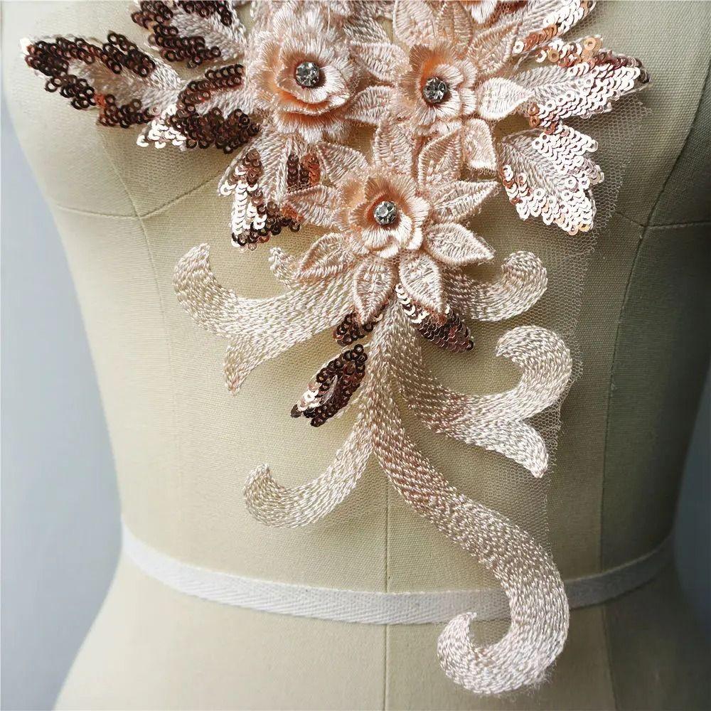 Appliques 3D Flowers Embroidery Sew Patch Rhinestone DIY Embroidered Appliques Wedding Gown Appliques