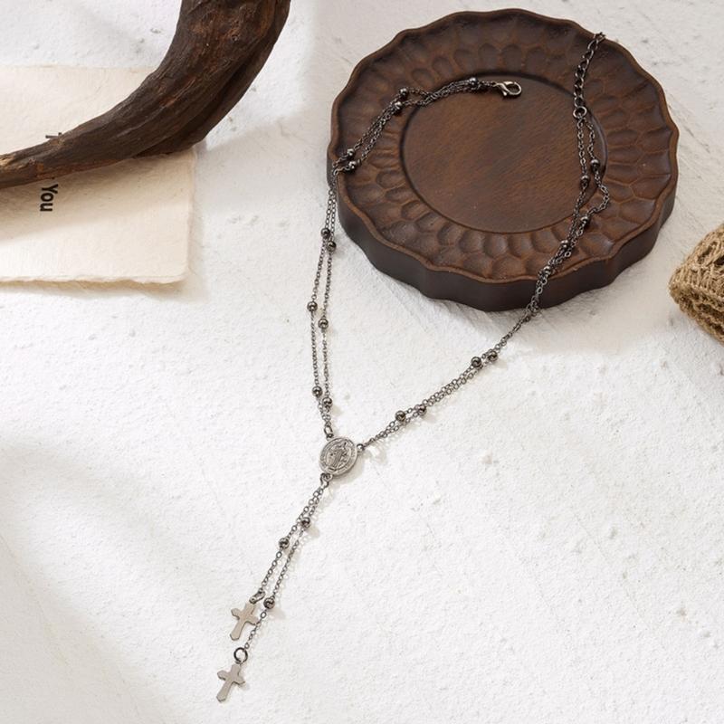Heilige Mutter Kruzifix Anhänger An Y-förmiger Doppellagiger Kettenhalskette Legierung Schmuck Für Stilvolles Und Bedeutsames Tragen