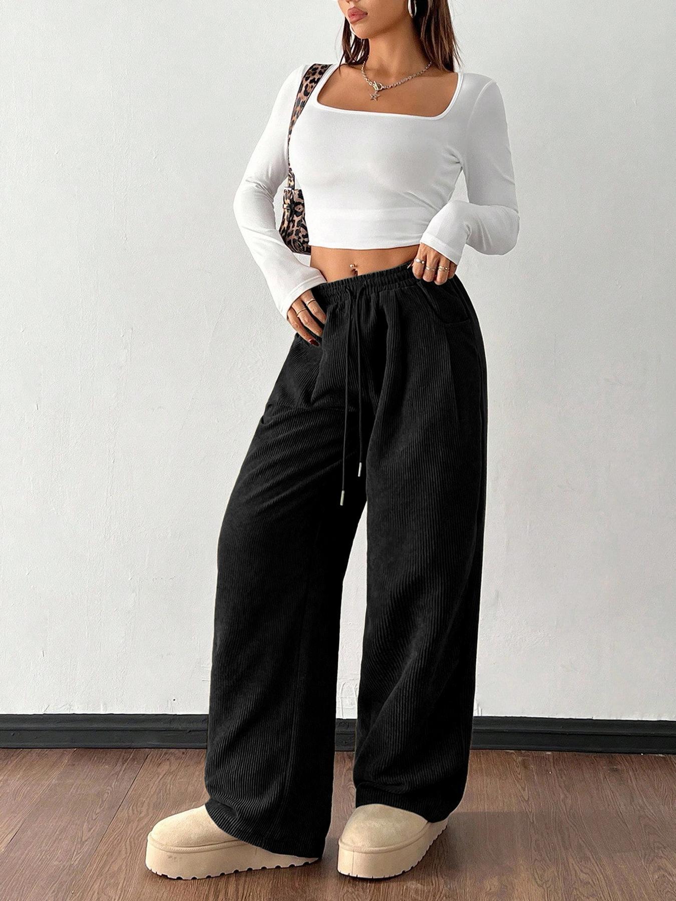 2025 Autumn European & American Women s Corduroy Wide-Leg Drape Pants - Loose & Slimming Fit Double XL чёрный