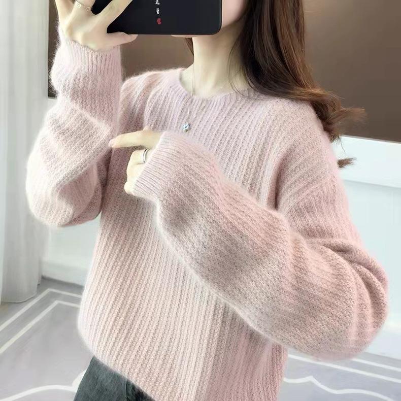 Autumn and Winter Women's Round Neck Pullover Sweater Loose Solid Color Long Sleeved Knitted Sweater for Women