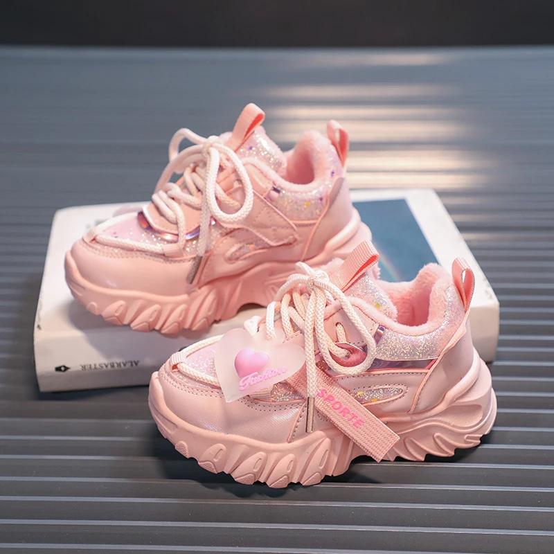 PU 2024 Winter New Sport Shoes for Kids Girls Cute Princess Non-slip Light Children Fashion Casual Sneakers Solid Color Shiny