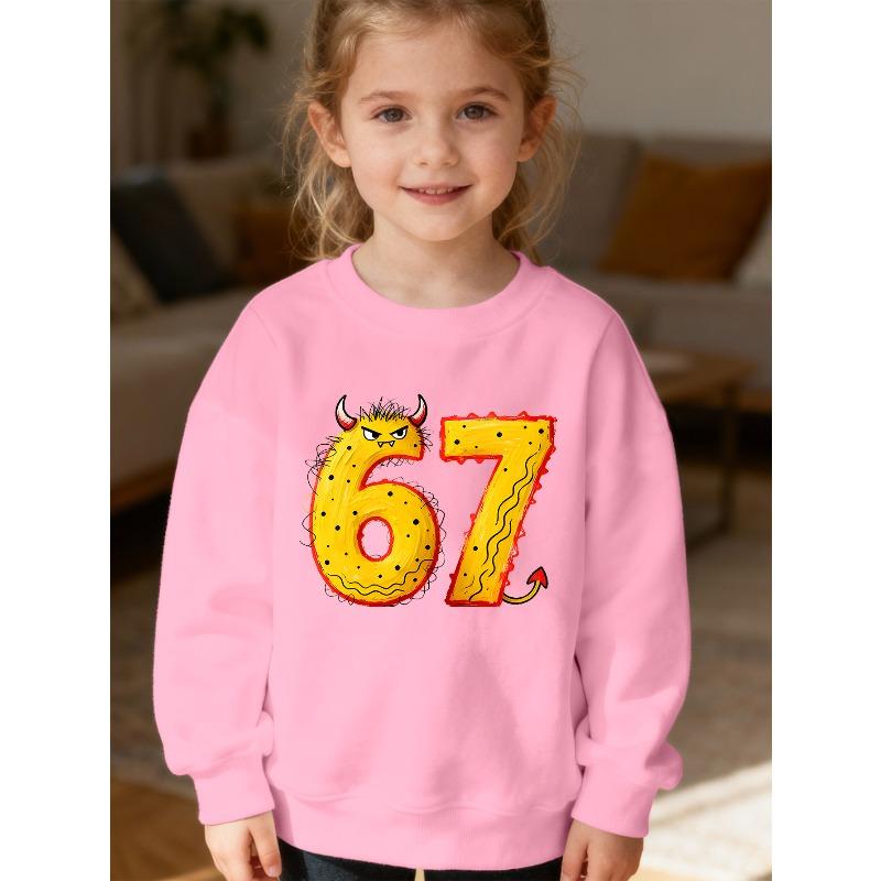 Kids Unisex Pink Crewneck Sweatshirt, Cartoon Monster Style Number 67 Print With Horns And Devil Tail, Soft Sweatshirt for Boys Girls Over 4 Years Old