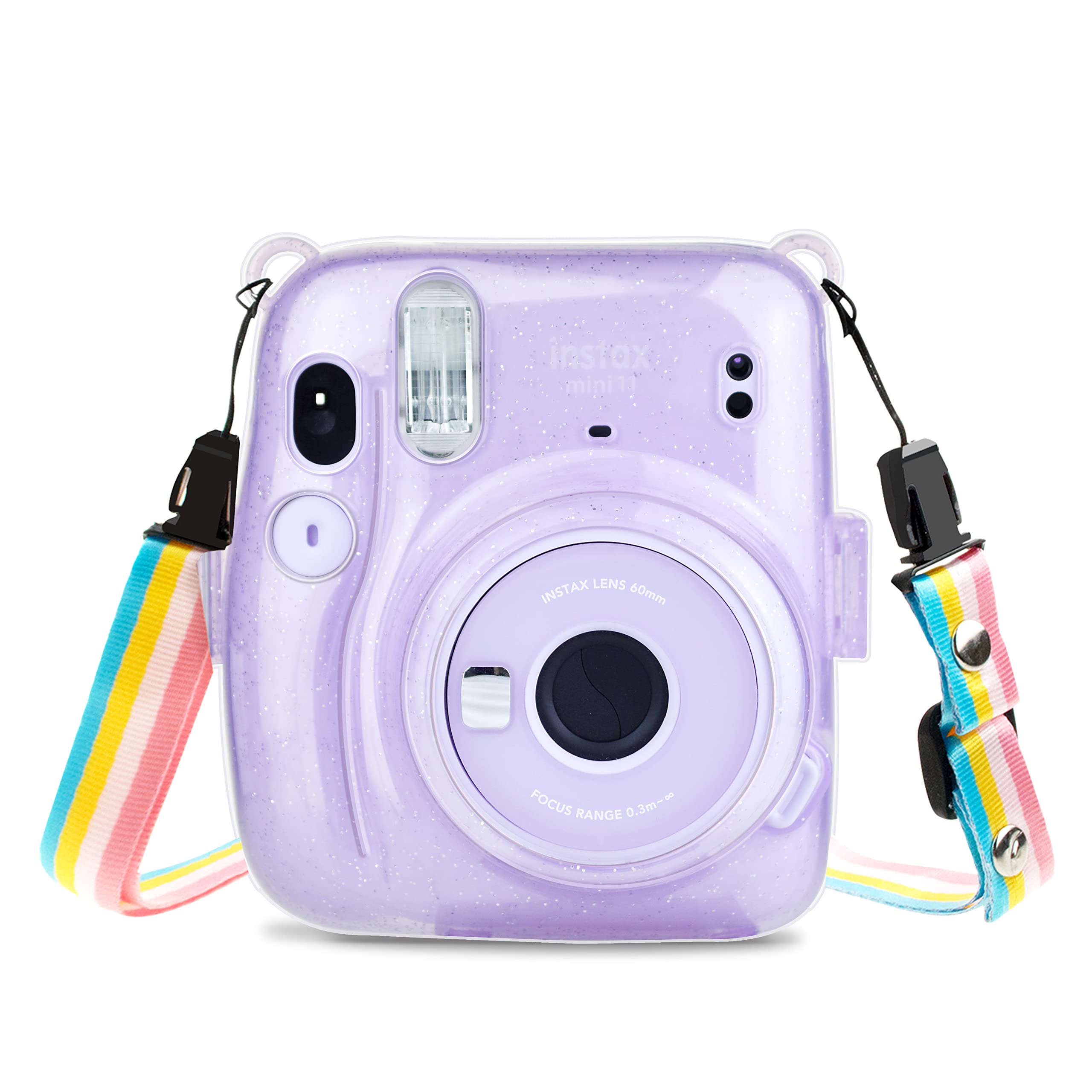 

kinokoo Cheki Fujifilm Cheki instax mini 11 Case mini11 Camera Case Hard Case PC Cover with Shoulder Strap Shiny Transparent Case, (Purple)