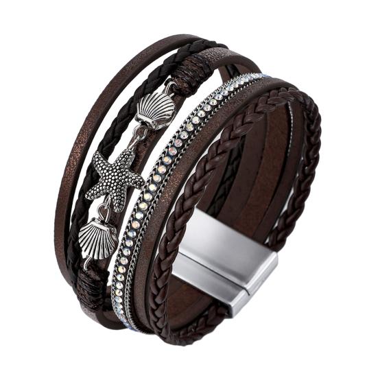 

Women Braided Bracelet Multi-Layer Bohemian Faux Leather Rope Starfish Shell Decor Secure Closure Wristband коричневий