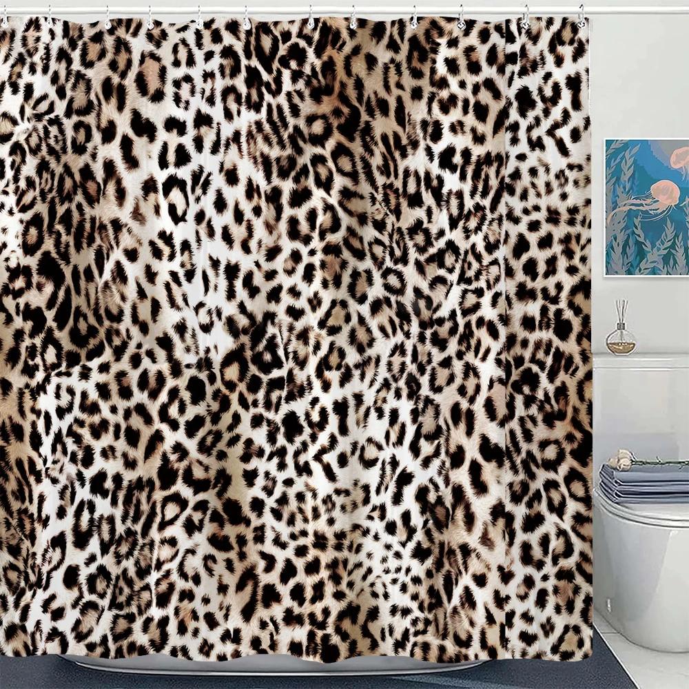1Pc Shower Curtain Fashion Leopard Print Waterproof Bathroom Curtain Stylish Leopard Partition Curtain Bath Curtains With Hooks