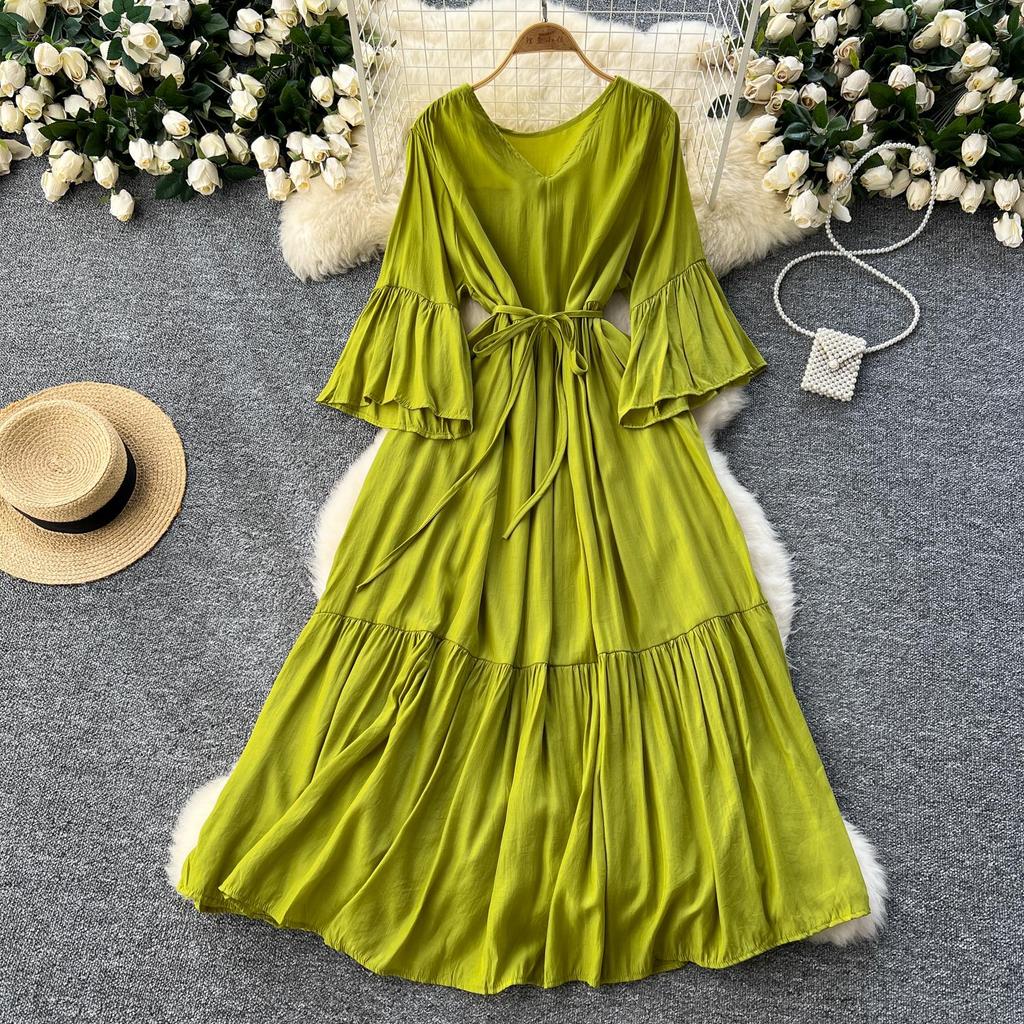 Abito Dolce Manica Svasata Scollo a V Stampa Volant Allacciato Vacanza al Mare Donne Moda Coreana Abiti Estivi
