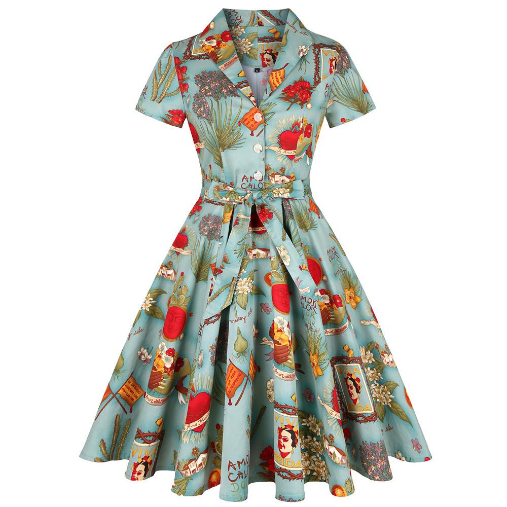 Hepburn-Inspired Floral Tie-Waist Dress with Lapel and Belt
