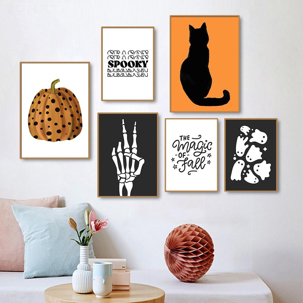 Halloween Pumpkin Black Cat Ghost Thriller Poster Print Fall Art Wall Abstract Skeleton Quote Canvas Painting Room Home Decor