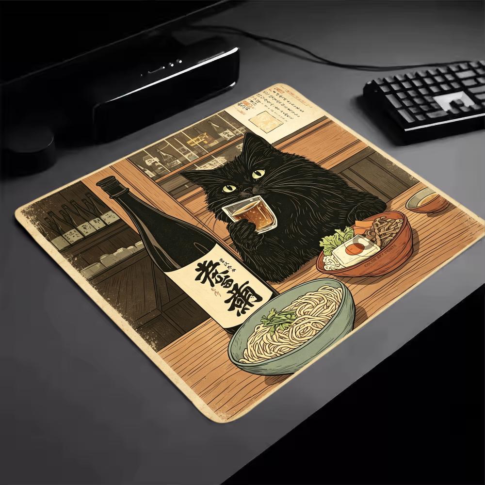 Black Cat Eating Ramen Mouse Pad Small Laptop Computer Office Table Mats PC Gaming Esports MousePad HD Non-Slip Rubber Desk Mat