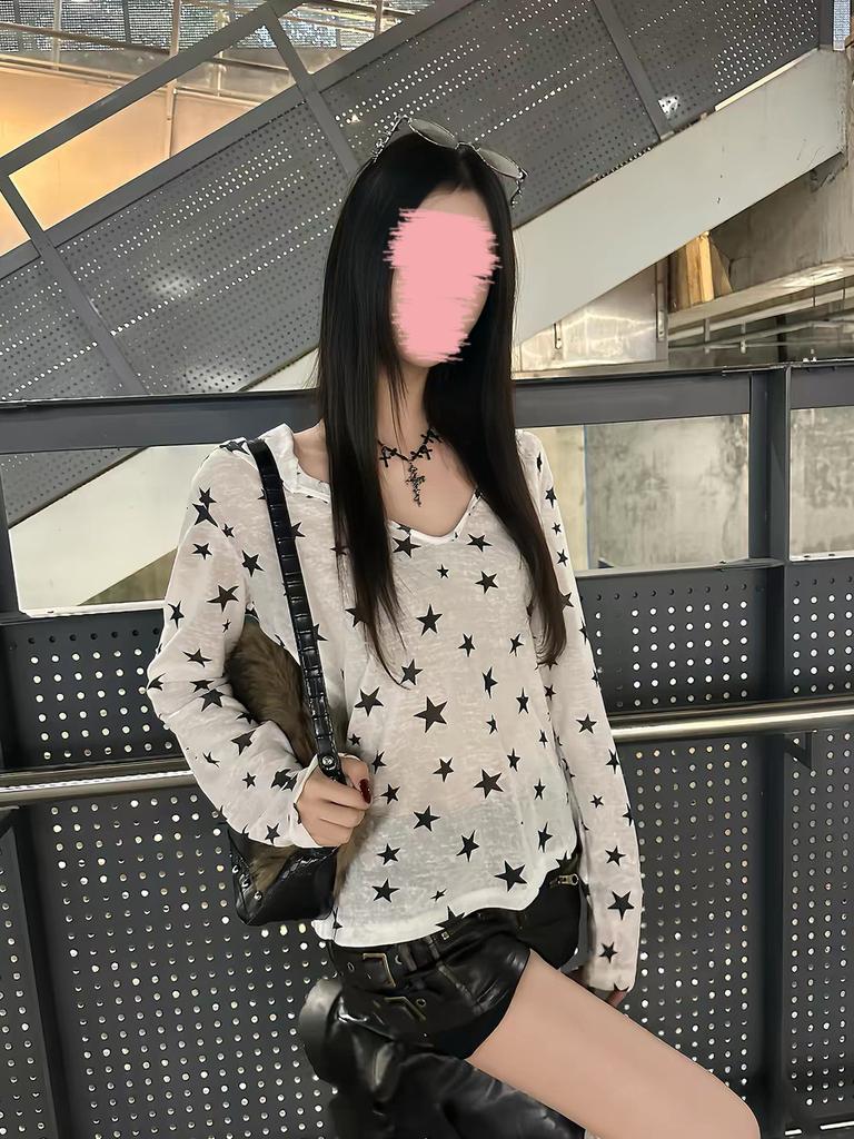 Sweet Spice Girl Design Sense Star Full Printing Micro Transparent Hooded Sunscreen Blouse Women's Summer New Versatile Good-looking Top Trend