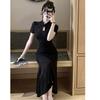 Cheongsam Skirt Women's New Summer New Chinese-style Ink Wash Dark Flower Disc Buckle Waist Thin Fish Tail Hip Wrap Dress