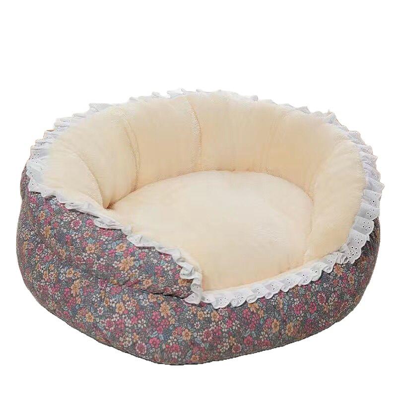 Winter Floral Design Detachable & Easy-Clean PP Cotton Pet Bed for Cats & Dogs
