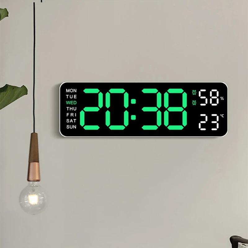 Wall-Mount/Desk Digital Clock, Time/Week/Temp/Humidity, Multi-Color LED, Brightness Adjustable LED Table Alarm Clock 12/24H