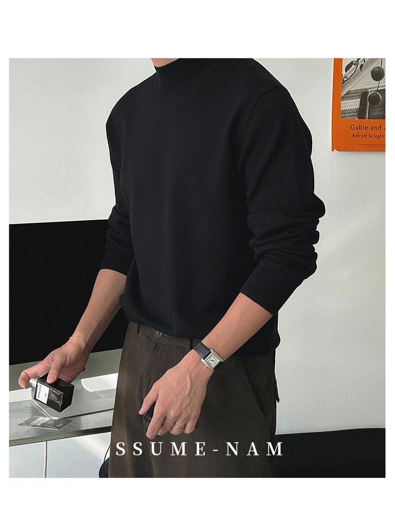 Herrenschwarzer Rollkragenpullover im Hongkong-Stil, Slim Fit, einfarbig, warme Strickware für Herbst/Winter