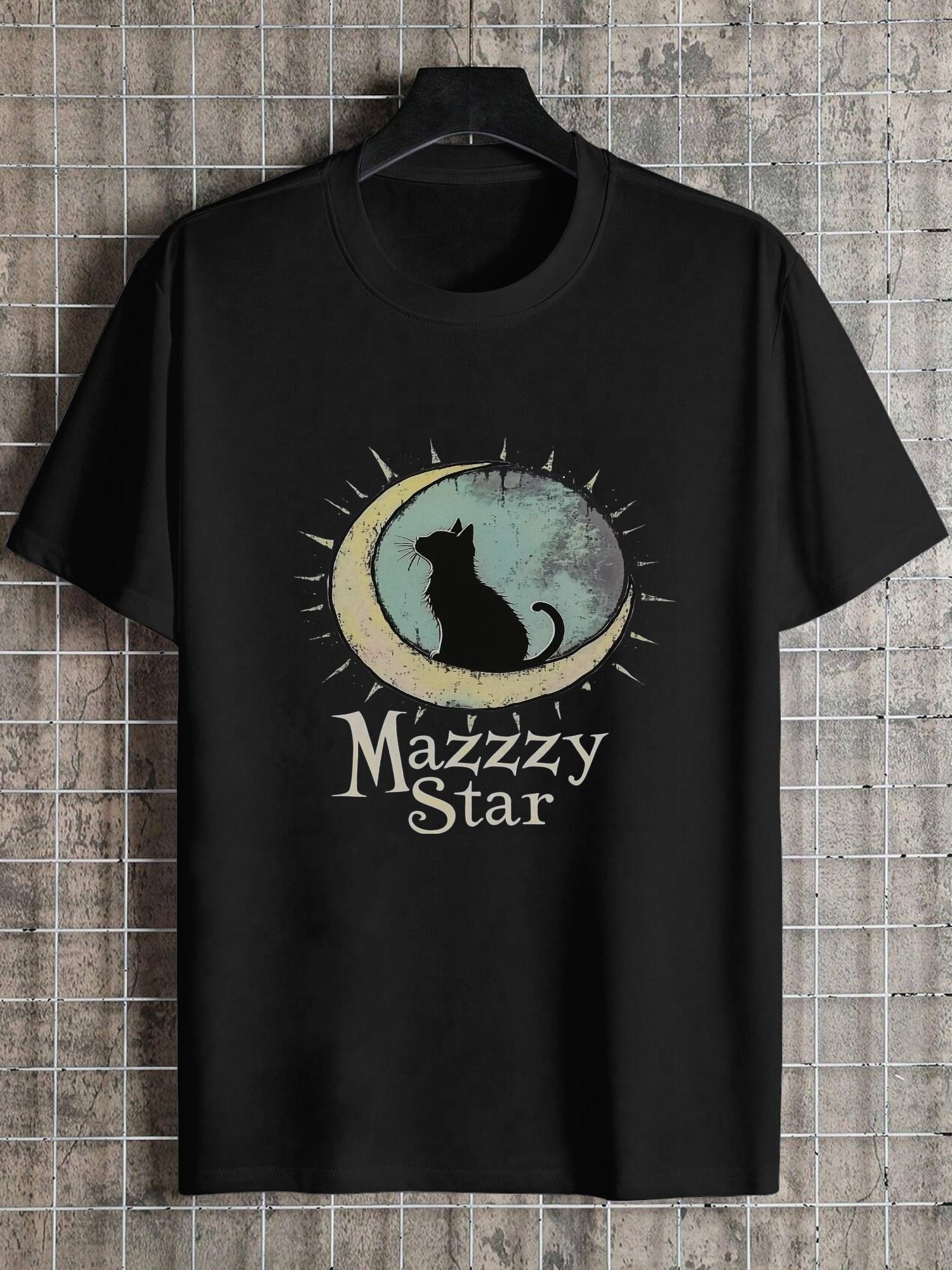 1pc grunge style Mazzy Star graphic T-shirt with black cat silhouette and crescent moon design XXL