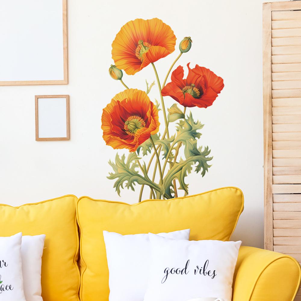 Hand-Painted Poppy Flower Wall Sticker Self-Adhesive for Study Bedroom Living Room Home Decoration