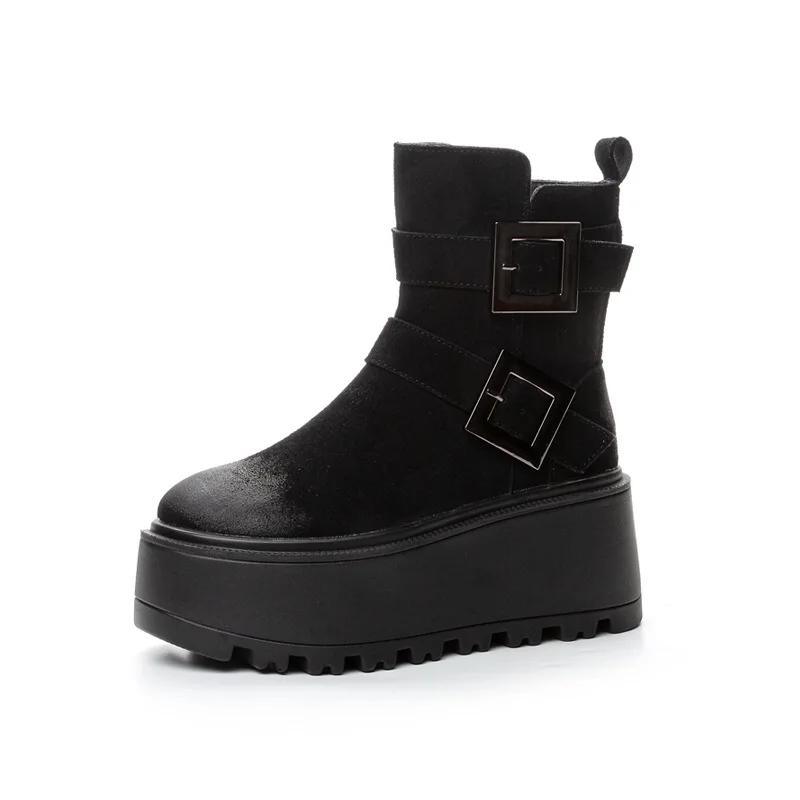 8cm Vollrindveloursleder Echtes Leder Knöchel für Damen Motorrad Punk Stiefeletten Schuhe Plateau Keilabsatz Frühling Damen Stiefel