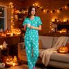 Women's Halloween Print Scrub Set, V Neck Short Sleeve with Pockets and Pants, 2 Piece Uniform