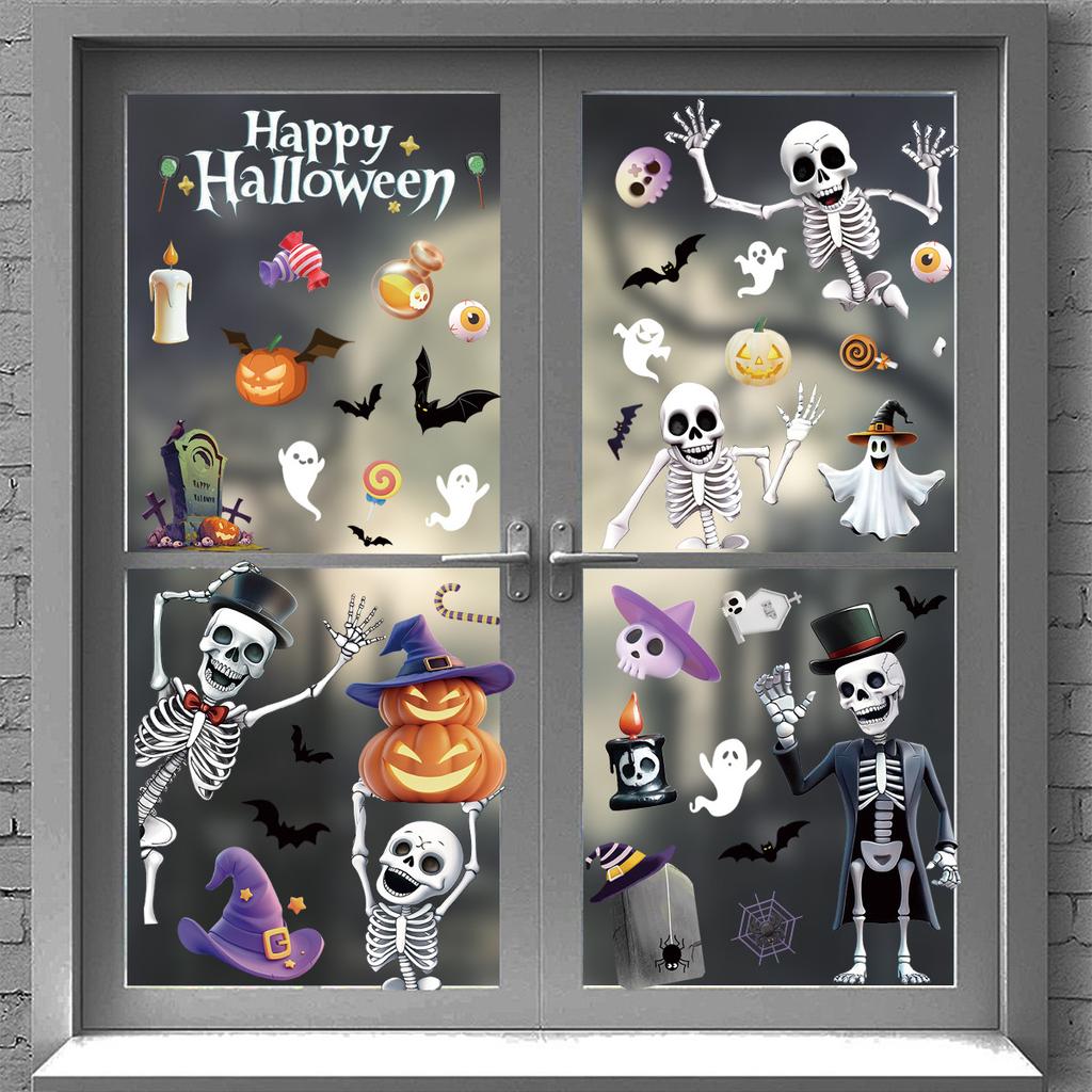 Halloweenská statická okenní dekorace 3D Kostlivec Netopýr Dýně Samolepky na okna Party potřeby