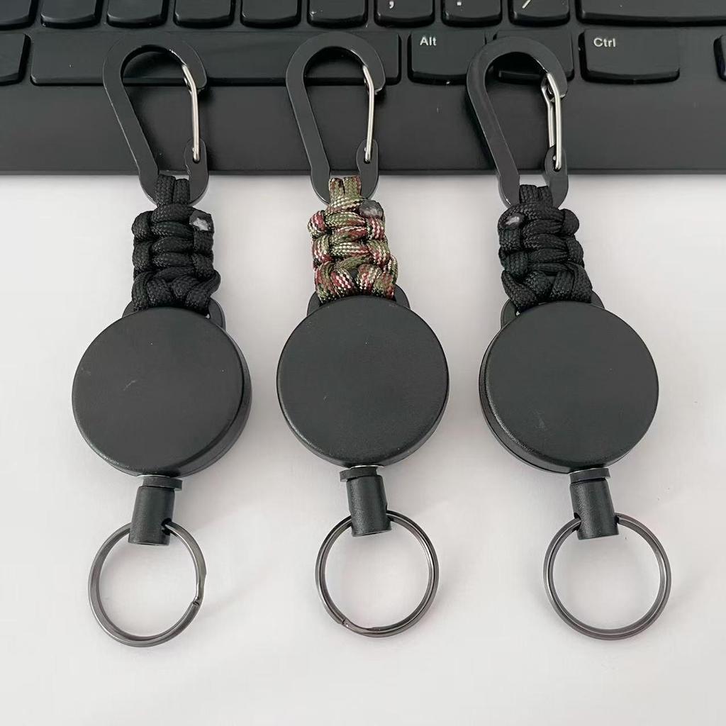 4CM Black Plastic Carabiner Paracord Retractable Keychain with High Elastic Easy-Pull Buckle