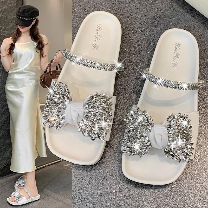 Temperament Rhinestone Bow with Slippers 2025 New Summer Flat Bottom Low Heel Women's Beautiful Outer Sandals