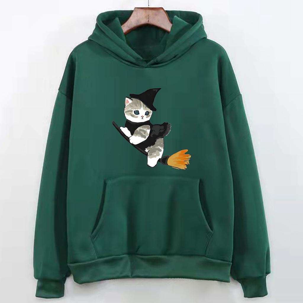 European and American Autumn and Winter Witch Cat Print Hoodie Sweatshirt for Men and Women, Korean Style Casual Tops for Couples