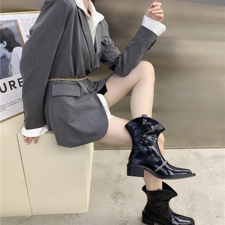 Large size boots single Martin boots new square head sleeve thick heel chain trend Chelsea short boots women