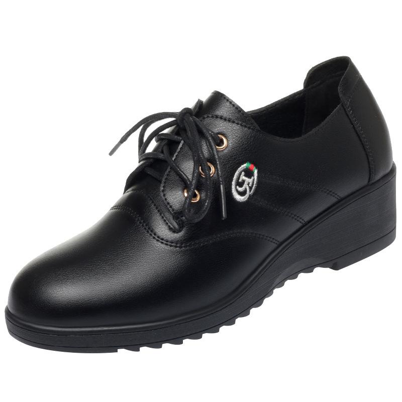 Spring Autumn Comfortable Non-slip Lace-up Women's Single Shoes  Mother Shoes Mid-heel Soft Wedge Soft Leather Pump