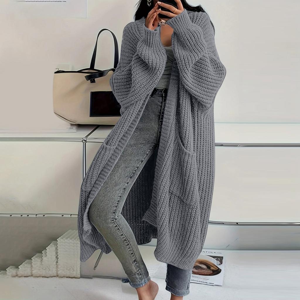 Women's Solid Color Long Sleeved Knee Length Knitted Cardigan, Lazy Trend, Medium Long Hair Jacket
