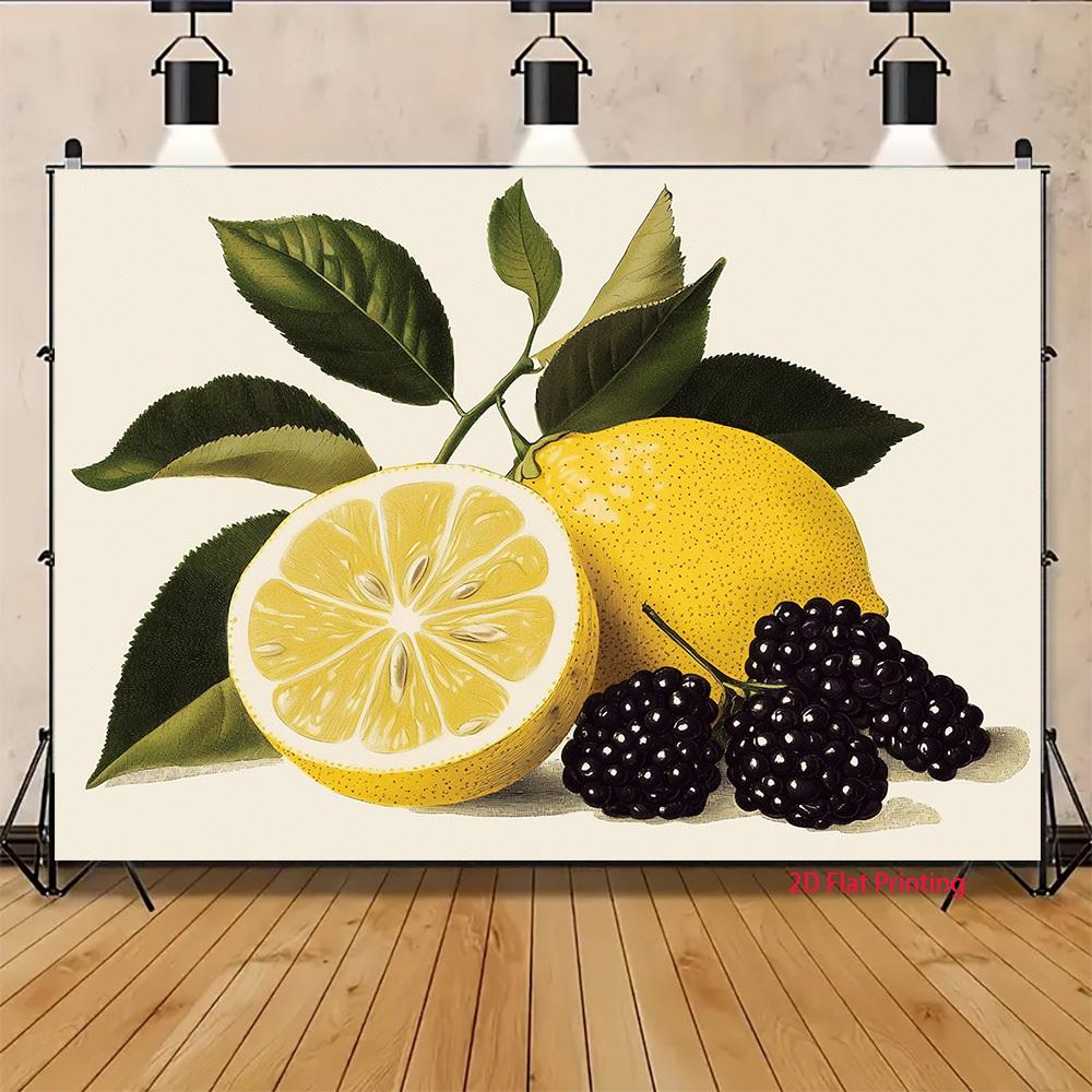 2D plane, lemon and blackberry fruit design background fabric, party studio decoration, polyester fiber