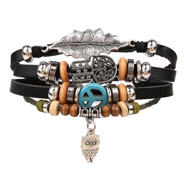 One Piece Vintage Flower Bracelet and Bangles Bohemian Style Multi-Layered Leather Bracelet Women Men Wrap Women Punk Jewelry Gift
