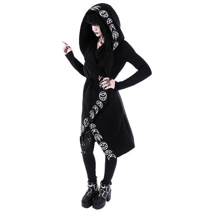 2026 Autumn Gothic Punk Black Long Sleeve Women Hoodies Sweatshirts Moon Print Women Loose Coat Hooded Sweatshirt