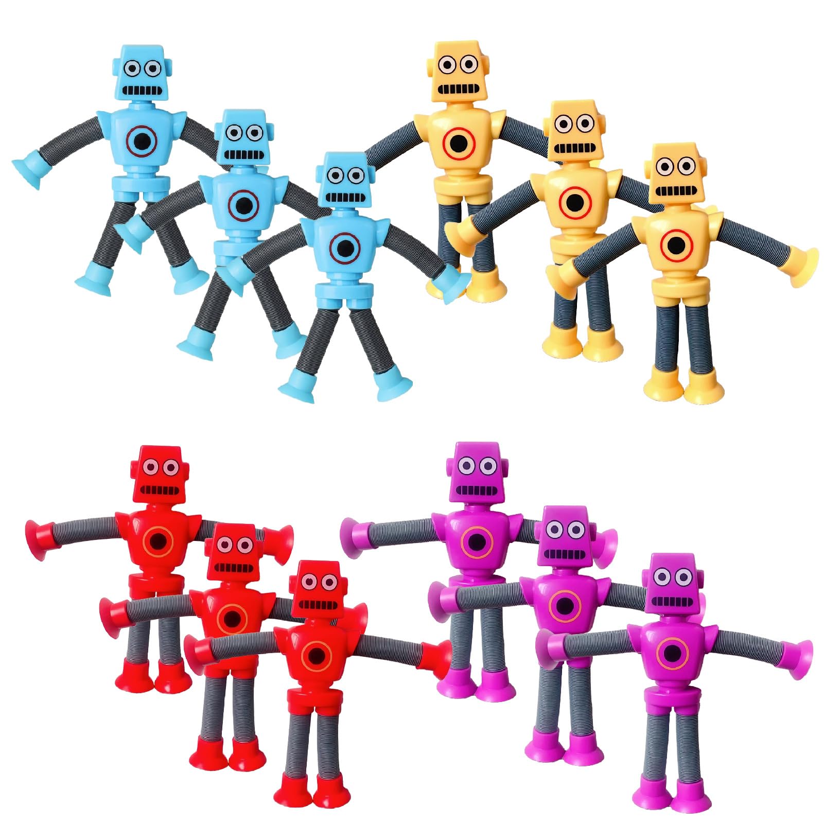 

Boono Pop Tube Robot Toys with Extendable Silly and Fun Suction Cup 4 3 of Each of Limbs, Gifts, Toys, Colors, (Set 12)