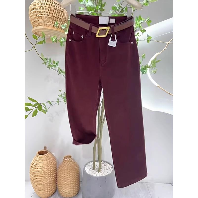2024 Plus Size Red High Waist Wide Leg Jeans for Women - Autumn/Winter Slimming Straight Fit