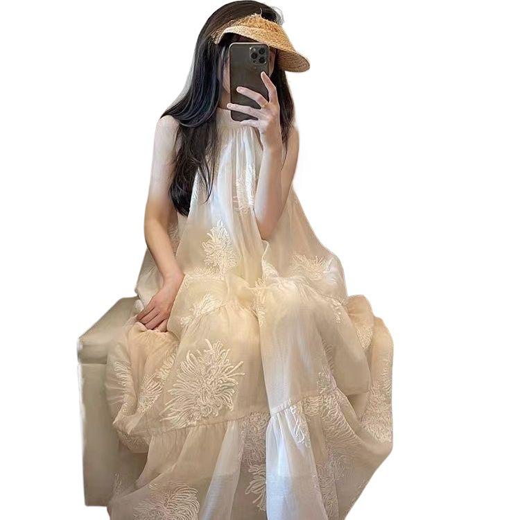 French Retro Apricot Embroidered Sleeveless Off-Shoulder Maxi Dress