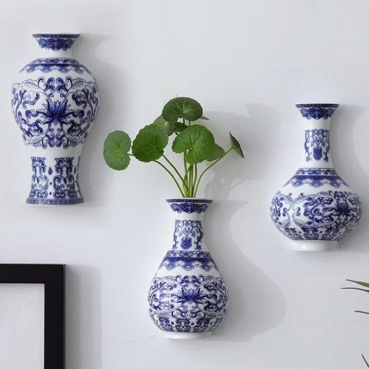 Blue and White Porcelain Chinese Zen Wall Vase - Ceramic Hanging Ornament for Office or Home Decor