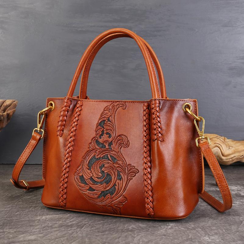 Tote Bag - Retro Vegetable-tanned Cowhide Handbag with Large Capacity, Genuine Leather, Single Shoulder Crossbody Bag