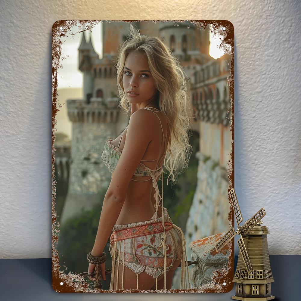 HD Metal Tin Sign Seductive Blonde Woman In Boho Lace Outfit Ancient Castle Ruins Scene Vintage Wall Art Plaque Retro D Decor F 20X30CM