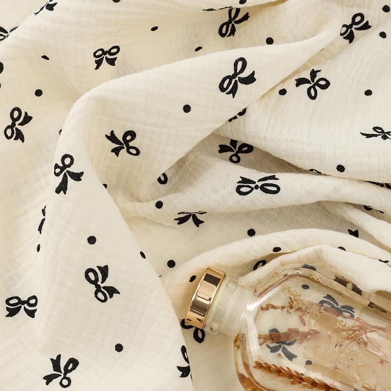 0.5m/1m/5m Pure Cotton Bow Printing Double-layer Gauze Crepe Fabric for Sewing Pajamas Bedding Blankets DIY Clothing Fabric