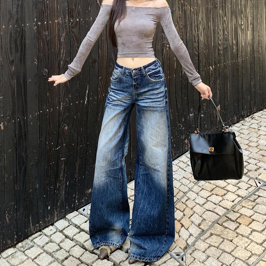 Retro Blue High-Waisted Wide-Leg Jeans for Women – Autumn/Winter 2025 Collection, Floor-Length and Slimming Design