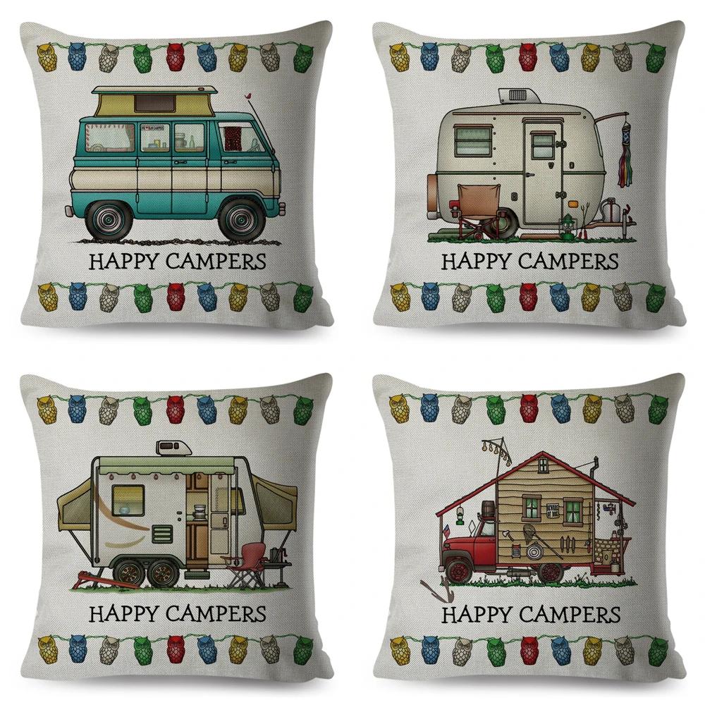 Happy Camper Pillowcase Decor Cartoon Travel Car Printed Pillow Case for Home Sofa Children Room Polyester Cushion Cover 45x45cm