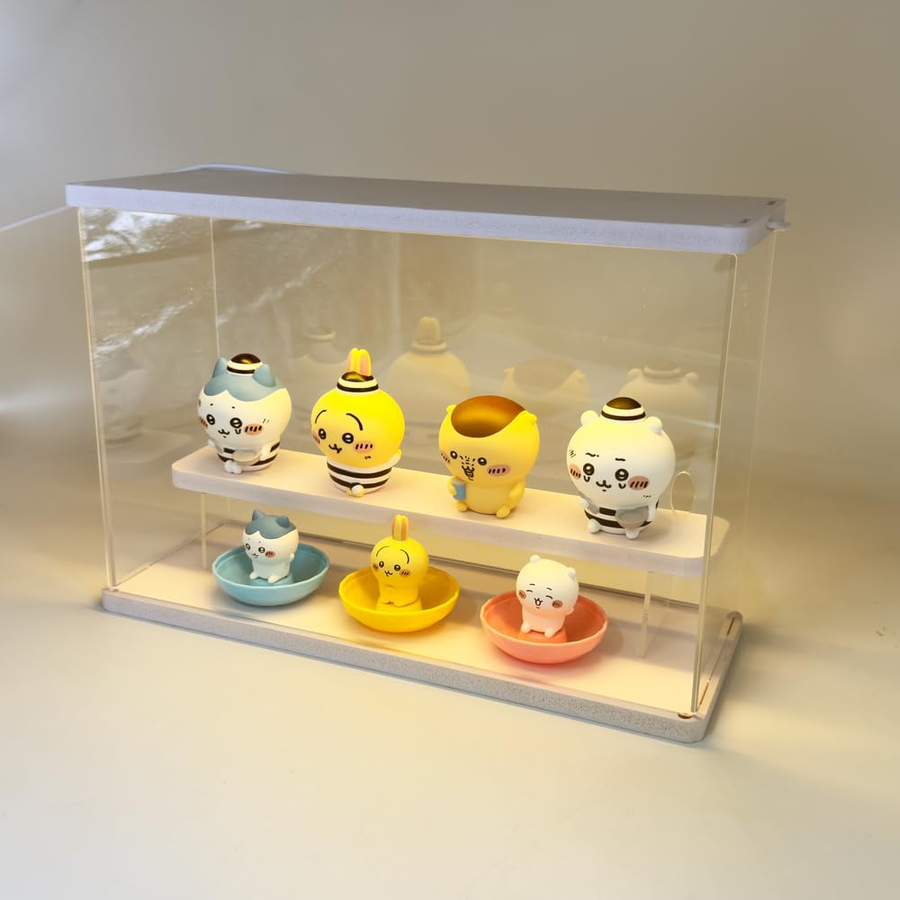 LED Downlight Acrylic Collection Case, 2 Tiers, Black, Capsule Toy Figure Light-Up Display, 3-Color Switching