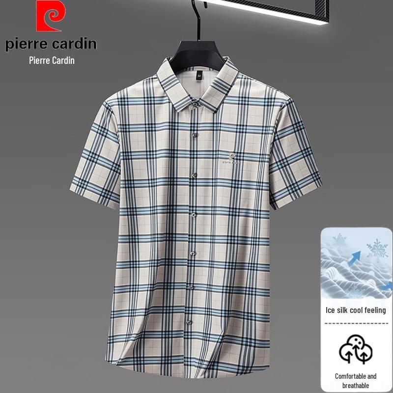 Pierre Cardin Men s Ice Silk Plaid Short Sleeve Shirt L