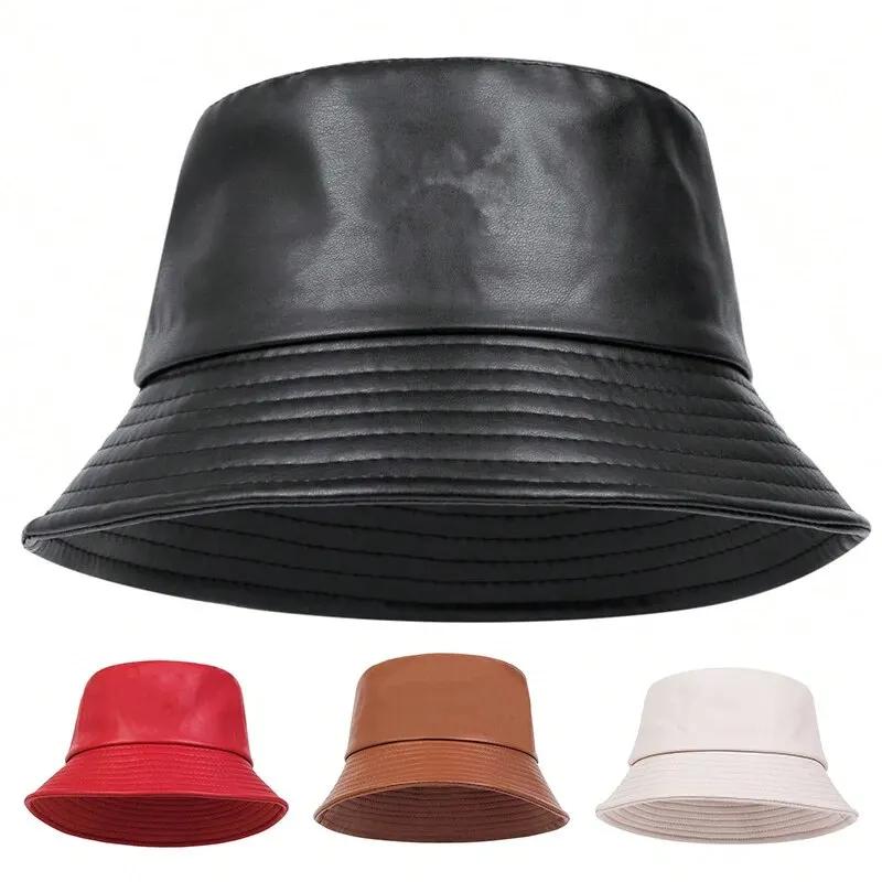 Fisherman Bucket Leather PU Faux Personality Color Plain Solid Neutral Gender Women Men For Caps Hats Fishermen Outdoor Casual Cap Sunscreen Hat
